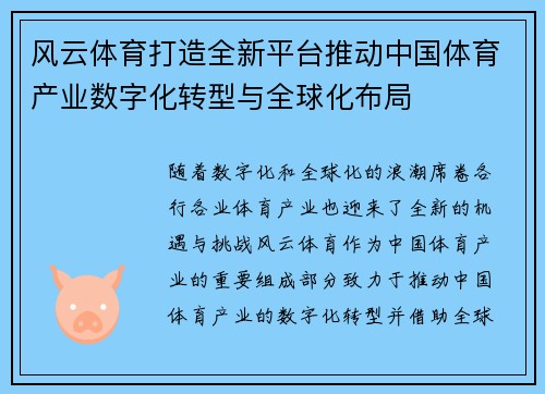 风云体育打造全新平台推动中国体育产业数字化转型与全球化布局